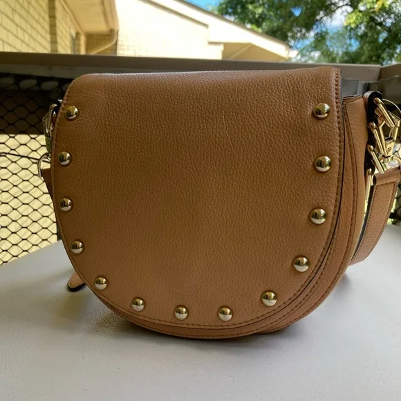Rebecca Minkoff Tan Pebbeled Leather Saddle Bag Studded Crossbody Purse - Picture 15 of 17